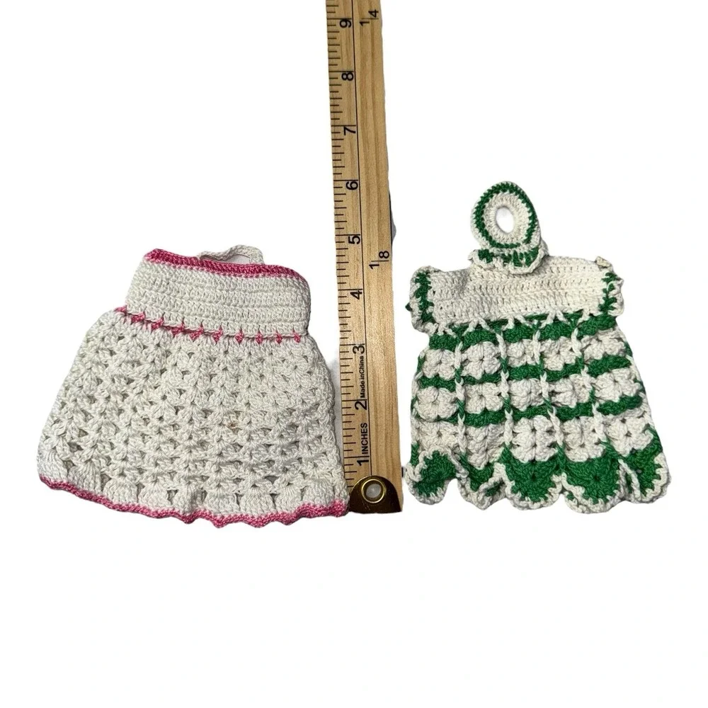 Vintage Crocheted Dress Shaped Pot Holders Hanging Loop 6 pcs